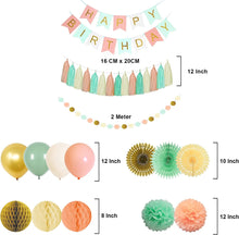 Happy Birthday Decorations for Girls Women, Happy Birthday Banner, Hanging Paper Fan Honeycomb ball Tissue Pompoms Garland Balloons for Mint Green Gold Peach Birthday Party Decorations Supplies