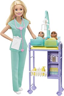 Barbie Baby Doctor Playset with Blonde Doll, 2 Infant Dolls, Exam Table and Accessories, Stethoscope, Chart and Mobile for Ages 3 and Up, GKH23