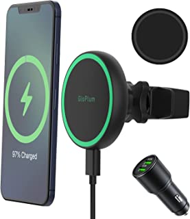 Gloplum 15W Wireless Car Charger, Fast Charging, Compatible Magsafe Car Mount, Magnetic/Magnet Fast Charging Compatible iPhone 13/ iPhone 12/12 Mini/12 Pro/12 Pro Max 【 QC3.O car Adapter】