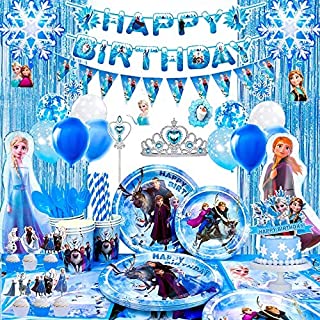 Frozen Party Decorations-136 Pcs Frozen Birthday Decorations set Include Frozen Party Tableware Tablecloth,Frozen Birthday Banner, Balloon,Cake Topper ect Frozen Party Supplies Service 10 Guests