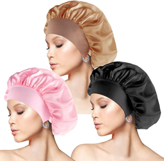 Yafe 3 Pcs Silk Bonnet, Satin Hair Bonnet for Sleeping with Wide Elastic Band Satin Sleep Cap, Soft Night Sleep Hat for Women Girls Diameter 12 in