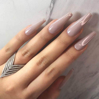 Neckon Coffin False Nails Long Nude Fake Nails Ballerina Acrylic Press on Nails Pure Color Full Cover Stick on Nails 24pcs for Women and Girls