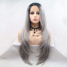 Xiweiya Wigs Long Natural Straight Hair Dark Root Ombre Grey Color Middle Part Synthetic Lace Front Wig Hair Heat Resistant Fiber Wig for Women, Cosplay Family Makeup Party Wigs 24 Inches