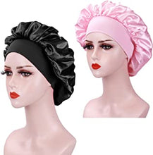 2PCS Silk Bonnet for Sleeping, Hair Bonnet for Curly Hair, Satin Bonnets for Sleeping, Soft Elastic Band Satin Sleep Cap (Black+Pink)