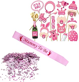 VEYLIN Girl Baby Photo Booth Props Mummy to Be Sash It’s A Girl Confetti for Baby Shower Christening Decorations (Pink)