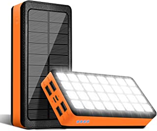 Solar Charger PS000 30000mAh Power Bank Camping Waterproof External Backup Charge with 4 Outputs & Dual Inputs 32 LED Light Flashlight Backup Battery（Orange）