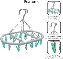 pegs it Oval Sock Dryer with 20 Pcs Clothes Pegs Sock Hanger for Washing Line Quick and Efficient Drying Sock Dryer with pegs Lightweight & Rust-Proof  Aqua Blue & Grey