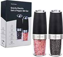 SimCoker Electric Salt and Pepper Grinder Set, Adjustable Coarseness, Battery Powered with LED Light, One Hand Automatic Operation, Stainless Steel Black, 2 Pack (Gravity, Black)