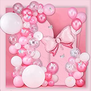 PartyWoo Pink Balloons, 100 pcs Pack of Pink Balloons, Pastel Pink Balloons, Silver Glitter Balloons, White Balloons, Bow Tie Foil Balloon and Laser Butterflies for Girl Baby Shower, Girl Birthday