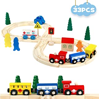 Train Set Wooden Toys Train Railway Learning Educational Toys Game 33 Pcs Track Accessories Car Set Toys for Kids Boys Girls 3 4 5 Years Old