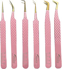 INSTEX Eyelash Tweezers Set of 6 PCS, Anti-Static Stainless Steel with Color Coated Firm Grip | Sharp Edge Classic Lash Tweezers for Volume & Fan Making Including Magnetic Safety Box (Pink)