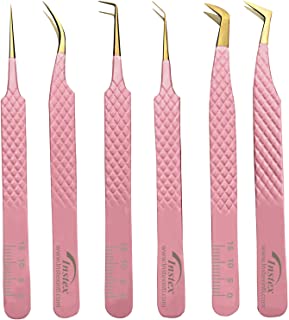 INSTEX Eyelash Tweezers Set of 6 PCS, Anti-Static Stainless Steel with Color Coated Firm Grip | Sharp Edge Classic Lash Tweezers for Volume & Fan Making Including Magnetic Safety Box (Pink)