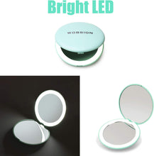 wobsion LED Lighted Travel Makeup Mirror, 1x/10x Magnification Compact Mirror, Portable for Handbag, Purse, Pocket, 3.5 inch Illuminated Folding Mirror, Handheld 2-Sided Mirror, Round, Cyan