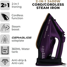 Tower T22008 CeraGlide Cordless Steam Iron with Ceramic Soleplate and Variable Steam Function, Purple