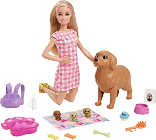 Barbie Doll and Newborn Pups Playset with Dog, 3 Puppies & Accessories, 3 to 7 Year Olds , Black