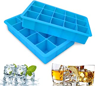 kuou 2 Packs Silicone Ice Cube Tray, Easy-Release Ice Molds, 15 Ice Cubs per Tray for Chocolate, Whiskey Drinks (Blue)