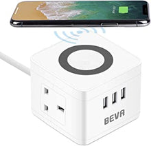 Cube Extension Lead with USB Ports, 2 Way Power Strip + 3 USB Slots with wireless charger, BEVA UK Power Socket Desktop charging station, 1.5M Extension Cords for Home, Office, Travel - White