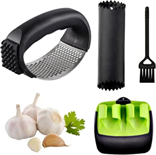 Garlic Press Rocker Stainless Steel Garlic Crusher Kitchen Ginger Garlic Mincer with Silicone Peeler and Cleaning Brush