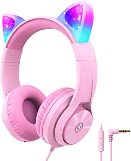 Kids Headphones with Microphone, Cat Ear Led Light Up, iClever HS20 Wired Headphones -Shareport- 94dB Volume Limited, Foldable Over-Ear Headphones for Kids Gifts/School/Kids Tablet/Travel