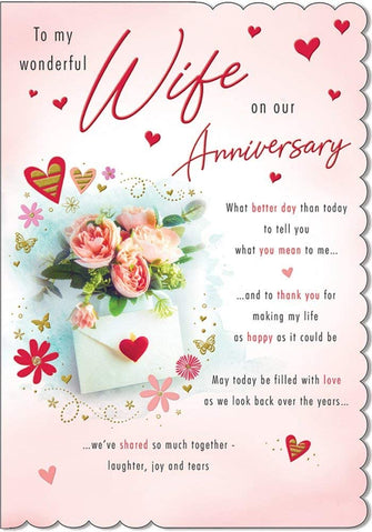 Piccadilly Greetings Piccadilly 9" x 6" - (A20222) Wife Anniversary Card - Hearts and Roses, White