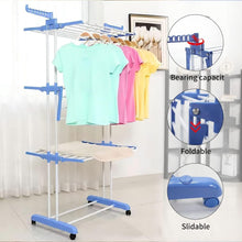 Nestling Drying Rack, 3 Tier Foldable Stainless Steel Clothes Drying Rack, Foldable Mobile Laundry Drying Rack, Outdoor Indoor Drying Rack with 4 Wheels (Blue)