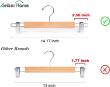 Amber Home 36cm Natural Wooden Pants Hangers 10pcs, Smooth Wood Skirt Hanger Organizer with Adjustable Anti-Slip Chrome Clips, Space Saving Solid Clothes Hangers Rack for Bottoms Jeans Slacks Trousers