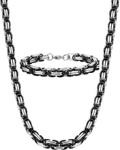 Roheafer Mens Black Silver Chain Necklace Bracelets 8MM Stainless Steel Thick Heavy Byzantine Chain Hip Hop Jewelry for Men Length 22 Inch