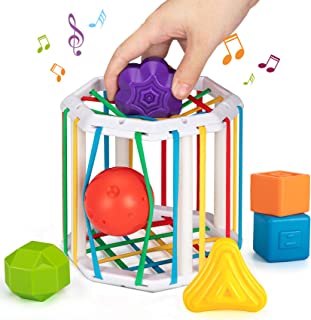 INSTOY Colourful Baby Shape Sorter With Rattles & Elastic Bands,Montessori Toys for Toddlers To Exercise Fine Finger Skills,Easter and Birthday Gifts