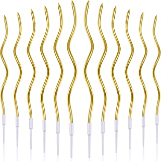 12 Pieces Twisty Birthday Candles Spiral Cake Candles Metallic Cake Cupcake Candles Long Thin Coil Cake Candles with Holders for Birthday Wedding Party Cake Decorations (Gold)