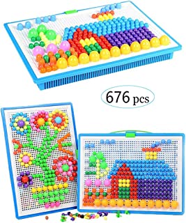 Jsvacva 676 pcs Mushroom Nails Pegboard Educational Colourful Jigsaw Puzzle Building Bricks Creative DIY Mosaic Toys for Kids & Toddlers, Birthday Gift for Girls Boys Age 3-8 Years