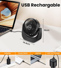 KOOFIT Desk Fan, USB Fan Silent Powerful Table Fan for Bedroom, Mini Desk Fan USB Rechargeable, 360 Rotation Portable Desktop Fan for Office, Home, Bed, Car, Camping, Travel, Gift, Black