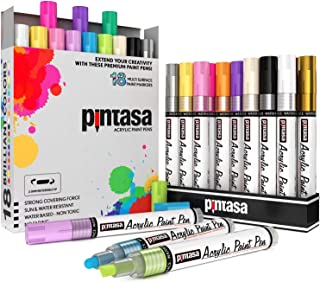 PINTASA Acrylic Paint Pens – Set of 18 Rock Painting Art Markers – Water-Based Couloring Kit for Glass, Canvas, Ceramic, Porcelain, Wood, Mug, Fabric, and Kids DIY Crafts – Quick Dry Medium Tip Pen