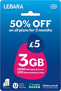 Lebara SIM Card, 3GB for £5, Half Price for First 3 Months, No Contract, UK and International Calls, Texts included, Multi-size, Fits All Devices (3GB)