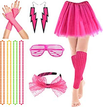 80s Fancy Party Costume Accessories Set,Adult Tutu Leg Warmers Fishnet Pink Gloves Neon Necklaces Bead 80s Lace Bow Headband Lighting Earrings Sunglasses,1980s Fancy Dress Girls Women Night Out Party
