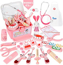 Vanplay Wooden Doctors Kit Pretend Play Medical Set with Functional Stethoscope Toys Gift for Kids, Pink 43Pcs