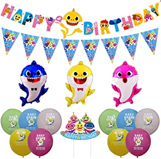 Party Squad shark party theme happy birthday decoration set birthday banner balloons with shark family helium balloons cake topper and bunting banner for kid’s birthday decoration girls and boys