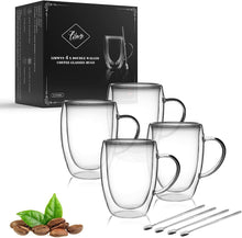 LIBWYS 4 Pack Double Walled Coffee Cups Glasses Mugs with 4 Spoons, Cappuccino Latte Tea Cups with Handle, Heat Resistant Cup Drinking Glasses 350ML Coffee Cup