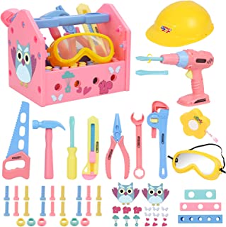 Gifts2U Girl Toy Tool Set Pretend Play Construction Tool Accessories Tool Toys with Hat Tool Box Tape Measure Toy Electric Drill Hammer