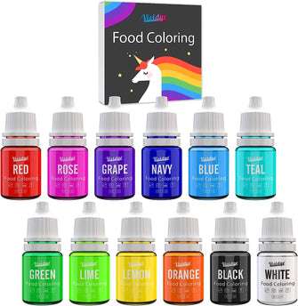 Food Colouring Set - 12 Vivid Colours Food Colouring Set for Baking, Cake Decorating, Icing, Cookie, Fondant and Macaron - Liquid Tasteless Food Colour Dye for DIY Soap Making and Crafts - 6ml Each