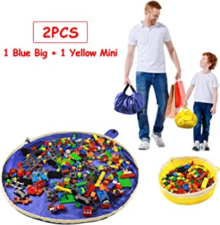 SUMBABO Toy Storage Mat Bag for Lego - Play Mat Bag and Toy Organizer Storage Bag by Drawstring for Kid with Cap Like Travel Bag 2Pcs=1Big Blue+1Mini Yellow