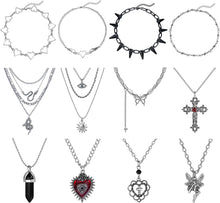 Morfetto 12PCS Grunge Necklace Set for Women Goth Grunge Jewelry Gothic Cross Saturn Thorns Gothic Angel Heart Wing Chain Choker Necklace Teen Girls Y2k Goth Accessories