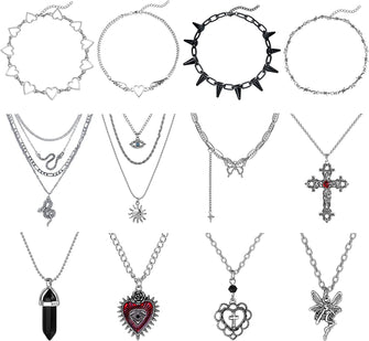 Morfetto 12PCS Grunge Necklace Set for Women Goth Grunge Jewelry Gothic Cross Saturn Thorns Gothic Angel Heart Wing Chain Choker Necklace Teen Girls Y2k Goth Accessories