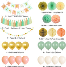 Happy Birthday Decorations for Girls Women, Happy Birthday Banner, Hanging Paper Fan Honeycomb ball Tissue Pompoms Garland Balloons for Mint Green Gold Peach Birthday Party Decorations Supplies