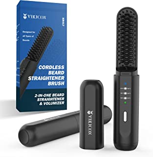 VIKICON Beard Straightener, Cordless Quick Heated Beard Straightener Brush for Men, 2 in 1 for Beard&Hair Comb, 3 Temperature Settings/Anti-Scalding/Auto Shut Off/Mini Size, Portable for Travel&Home