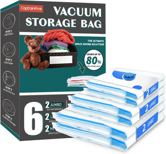 CaptainFive Vacuum Storage Bags 6 Packs, 2 Jumbo (100 x 80 cm) + 2 Large (80 x 60 cm) + 2 Medium (70 x 50 cm), Reusable Vacuum Bags for Clothes, Duvets, Bedding, Pillows