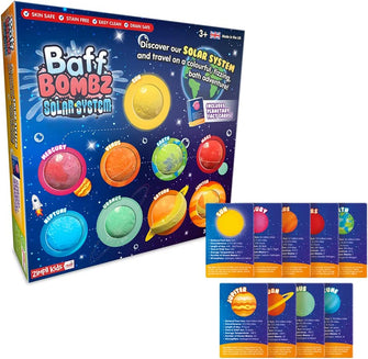 9 x Solar System Bath Bombs Gift Set, 9 x Planetary Fact Cards, Educational Planet Bath Bombs for Children, Science Kits for Boys & Girls, Bath Toy Birthday Presents, Learning Pocket Money Gifts