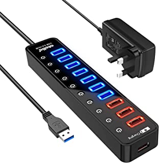 Atolla USB 3.0 Hub Powered, 11-Port USB 3.0 Extension Splitter（7 USB 3.0 Data Ports+4 USB 3.0 Smart Charging Ports）with Individual On/Off Switches and 12V/4A Power Adapter for High Power USB devices.