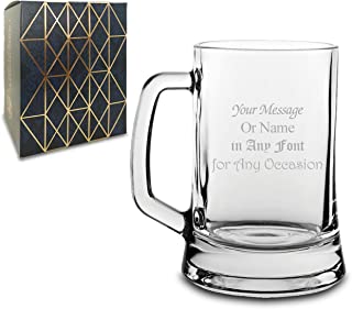 Personalised Engraved Glass Beer Stein, Personalise with Any Message for Any Occasion, Stylize with a Variety of Fonts, Laser Engraved, Gift Box Included