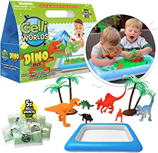 Gelli Worlds Dino Pack from Zimpli Kids, 5 Use Pack, 8 x Dinosaur Figures, Inflatable Tray, Imaginative Prehistoric Dino Playset, Educational Science Kit for Boys and Girls, Children's Sensory Toy