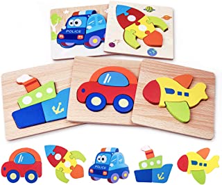 Highttoy Wooden Blocks Jigsaws for 1-3 Year Olds,5 Pcs Wooden Jigsaw Puzzles for Toddlers Kids Age 2-4 Traffic Vehicle Shape Blocks Chunky Puzzle Game Educational Montessori Wooden Toys for Boys Girls